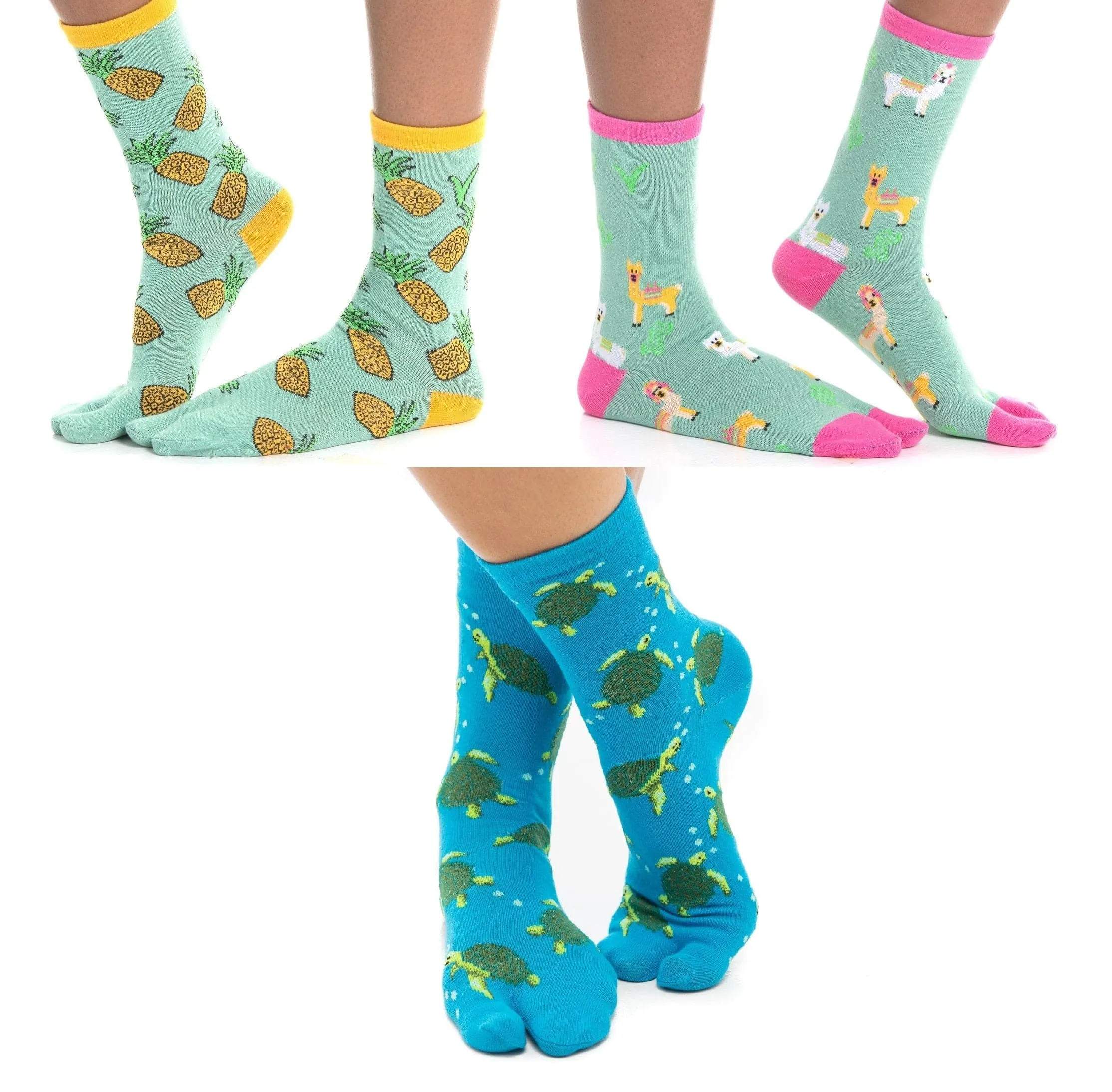 V-Toe Socks, Inc V-Toe Adult Flip Flop Socks Pineapple, Llama Green, Turtle (3 Pairs)