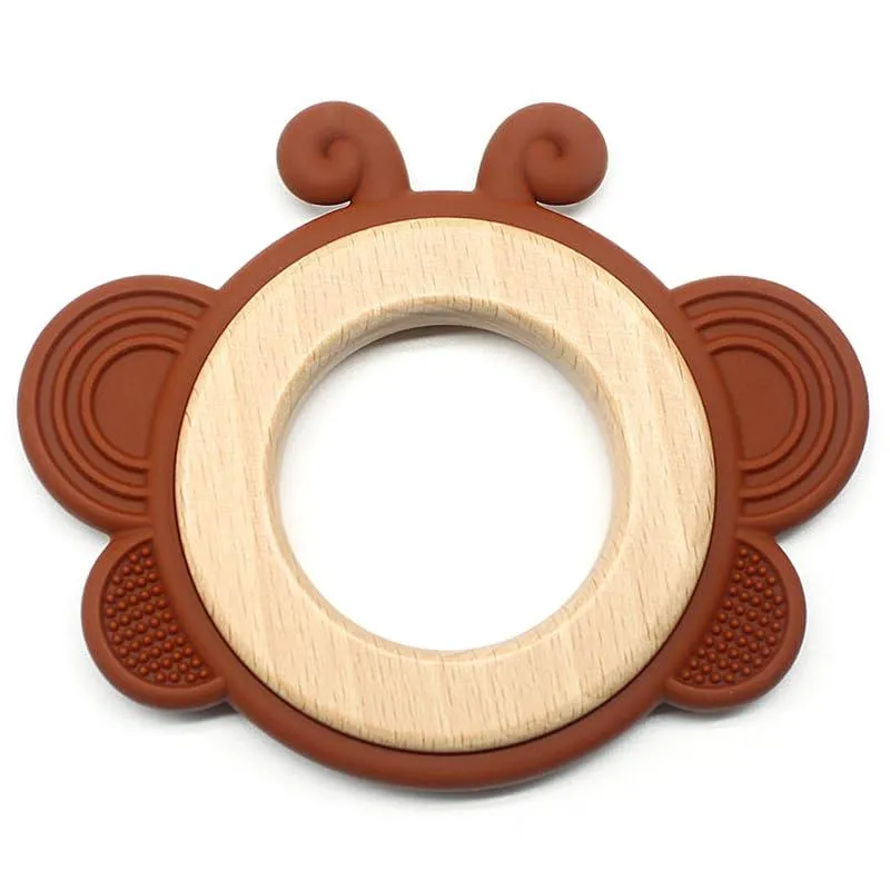 Wooden Butterfly Teether in Assorted Colours, Baby Teething Toys Silicone Teethers BPA Free Silicone Rudder with Wooden Ring Soothe Babies Gums