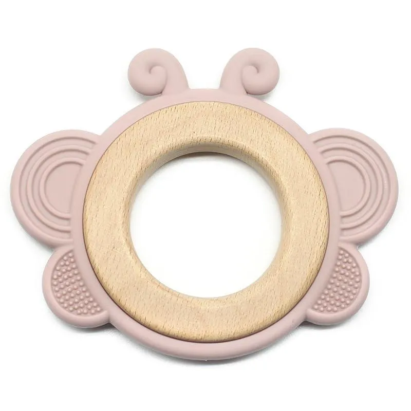 Wooden Butterfly Teether in Assorted Colours, Baby Teething Toys Silicone Teethers BPA Free Silicone Rudder with Wooden Ring Soothe Babies Gums